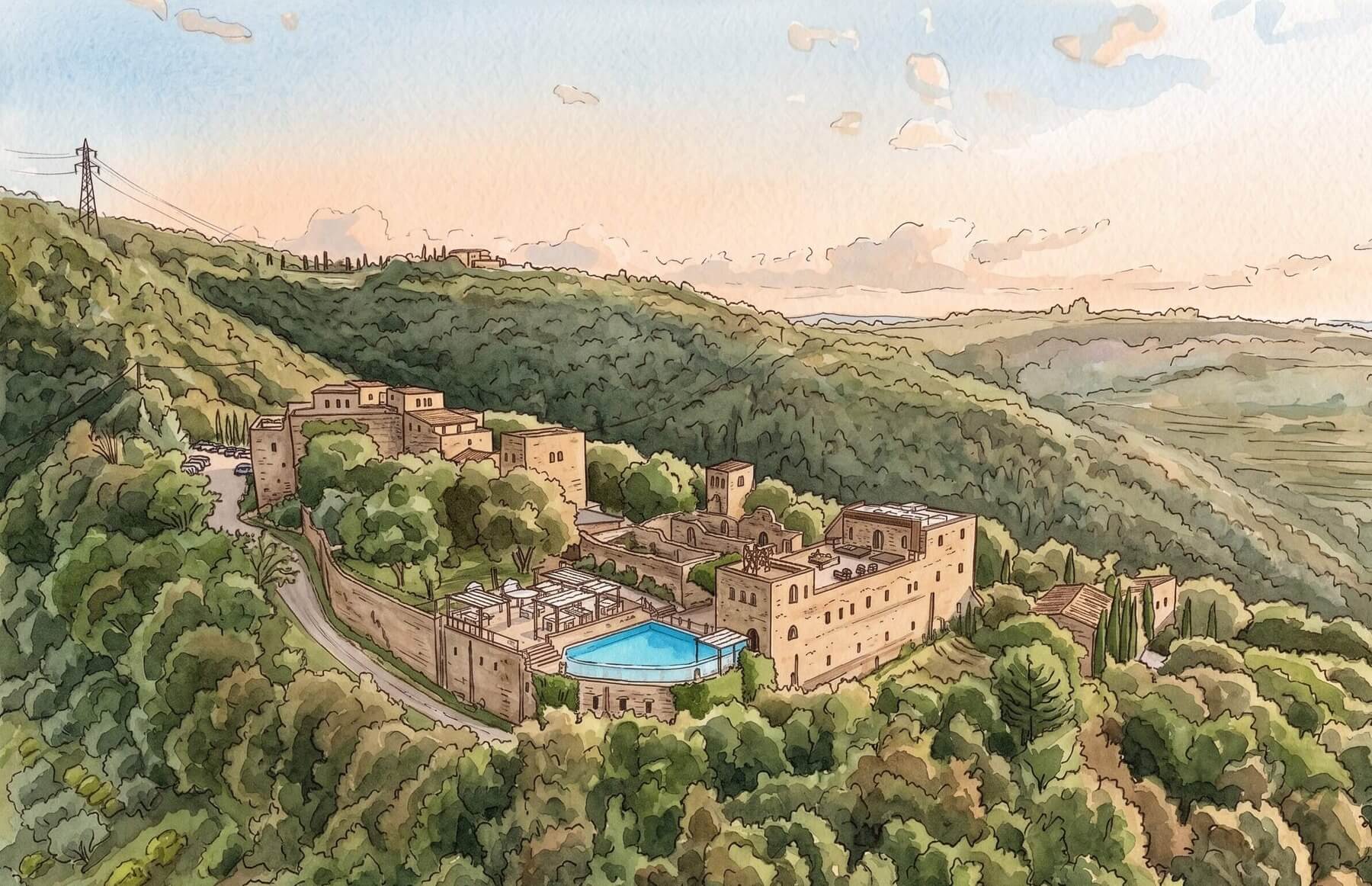 Watercolour painting of the castle and its grounds