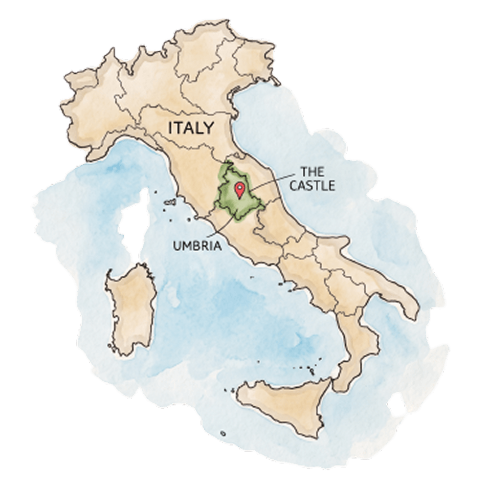 Map of Italy showing the venue's region in Umbria